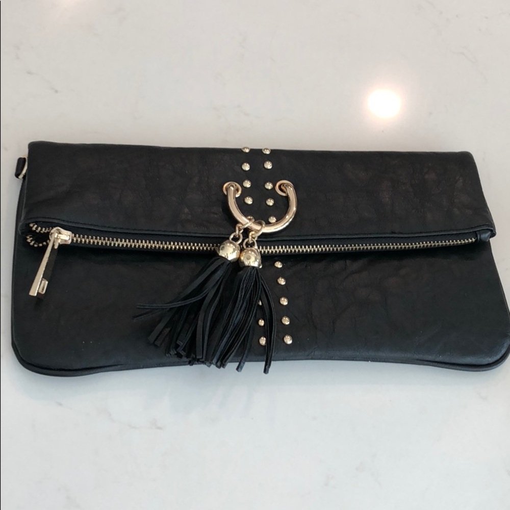 Cache Black Fold-Over Clutch with Tassel and Studs